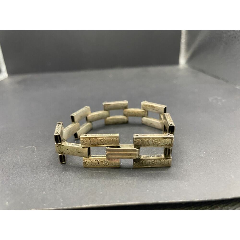 Vtg 925 Sterling Silver Marked Brick Link Style Floral Etched Bracelet Sz 6.5"